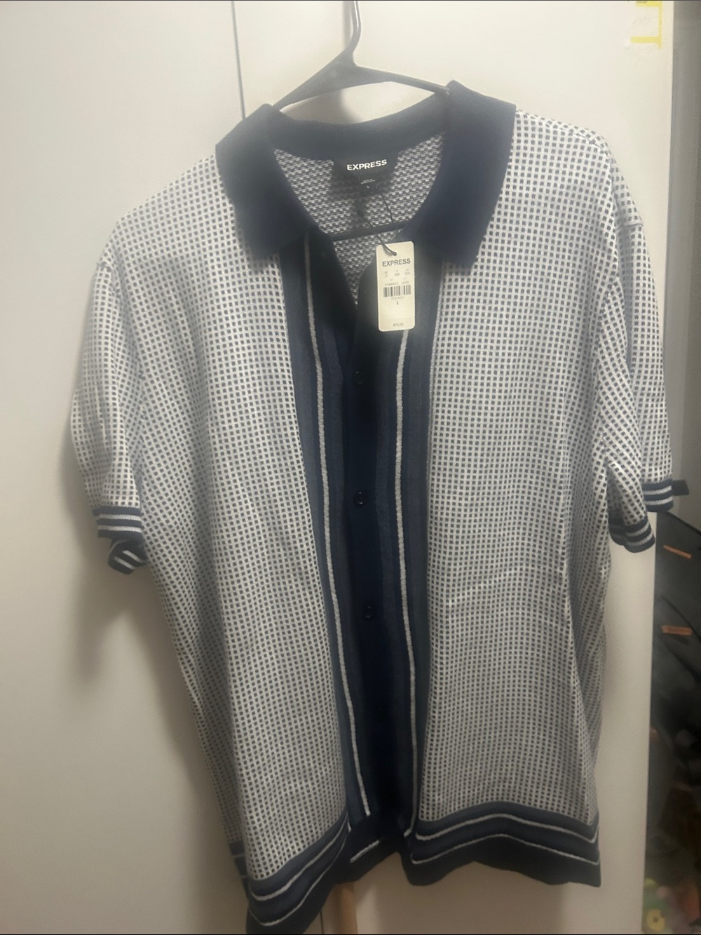 Express Navy and White Short-Sleeve Knit Shirt Jacket